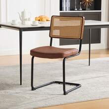 Retro-Style Rattan Dining Chairs Set (2 Pieces) / Rattan Backrest Dining Chair / PU Seat Cushion / With Black Metal Frame / Suitable For Kitchen, Living Room And Bedroom - Brown - View 4
