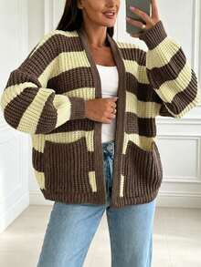 Women's Drop-Shoulder Long Sleeve Knit Sweater With Ribbed Cuffs,Color Contrast Stripes,Open Front,Front Pockets Casual Cardigan,Fall Winter Vacation - Multicolor - View 3