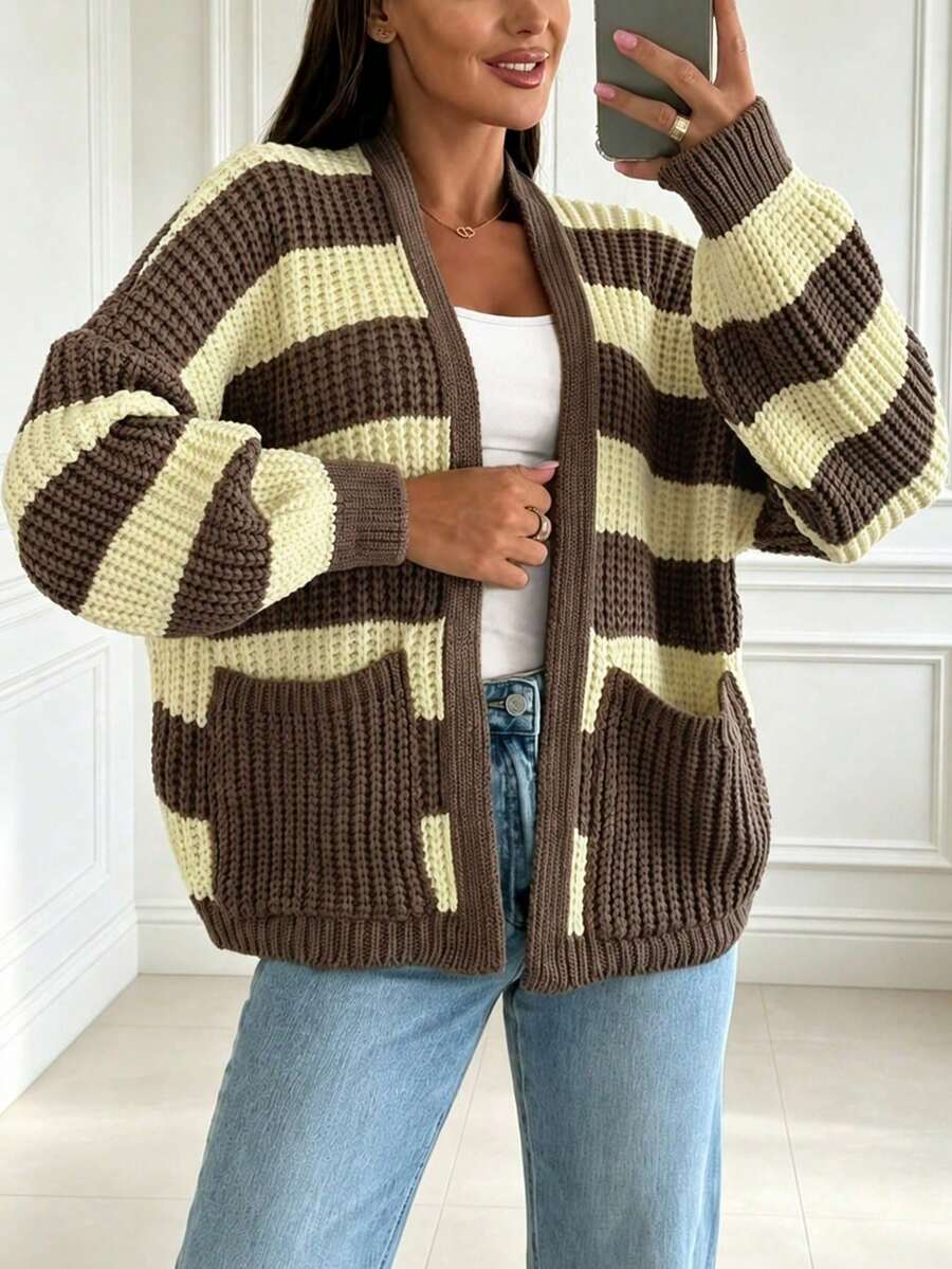 Women's Drop-Shoulder Long Sleeve Knit Sweater With Ribbed Cuffs,Color Contrast Stripes,Open Front,Front Pockets Casual Cardigan,Fall Winter Vacation - Multicolor - View 1