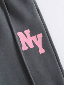 2pcs/Set Young Girl Casual Sports Style Fashion Minimalist Letter Print Ribbed Crew Neck Long Sleeve Thermal Lined Warm Sweatshirt And Elastic Waist Wide Leg Pants Set, Autumn/Winter College Style Suitable For Daily Outdoor Sports Wear - Grey - View 8