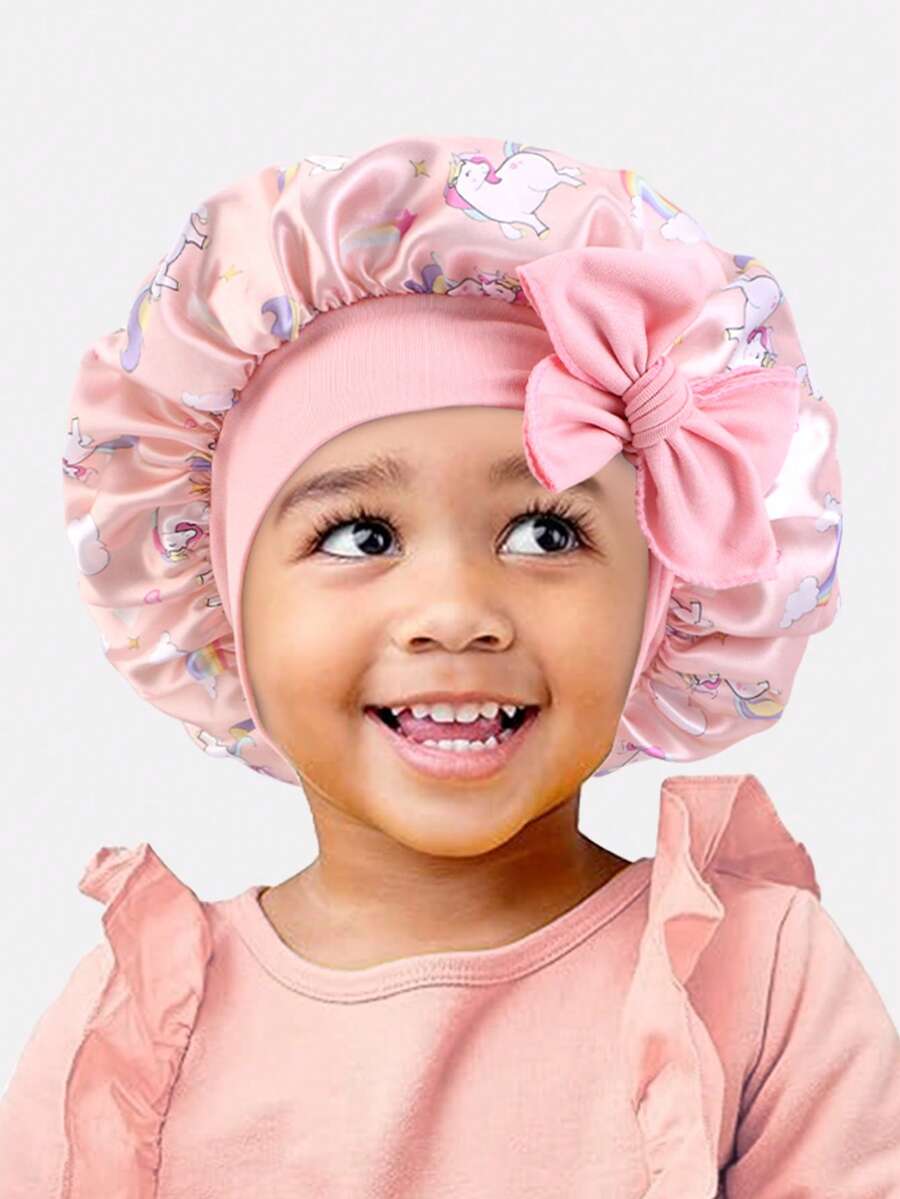 1 pieza Gorro redondo de satén con cinta elástica estampada para niños, adecuado para uso diario - Unicornio Colmillo Sangriento - Ver 1