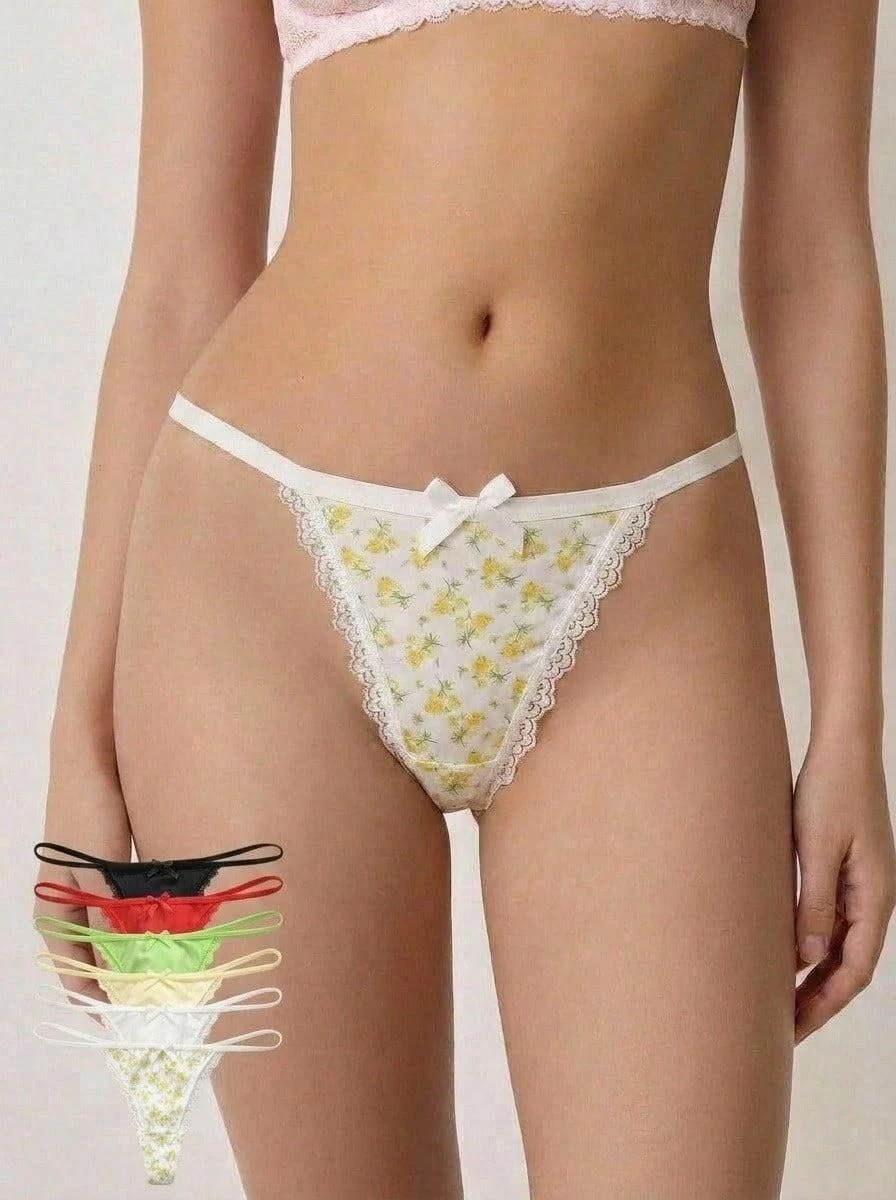 Aesletic 6pcs Comfortable Solid Color/Floral Print Women's Low-Rise Thong Panties - Multicolor - View 1