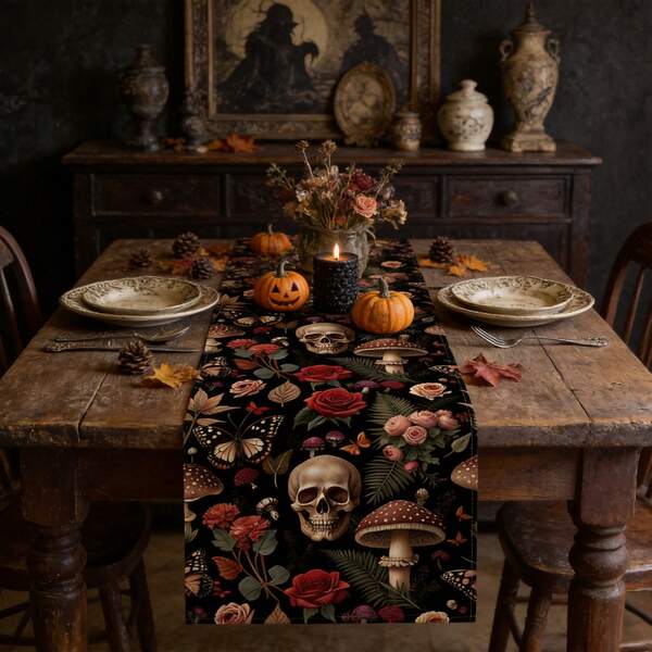 1pc Gothic Skull & Floral Pattern Halloween Style Table Runner, Modern Style, Home Kitchen Decor, Indoor/Outdoor Party Supplies, Suitable For Daily Home Kitchen Decoration And Event Decor, Halloween Decoration