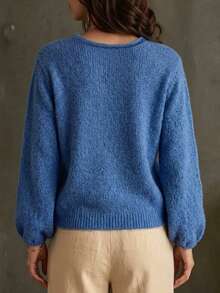 Atasan Sweater Rajut Minimalis Serbaguna Wanita dengan Leher V Longgar, Cocok untuk Pakaian Sehari-hari Musim Gugur/Dingin - Biru - View 3