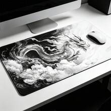 Large Gaming Mouse Pad With Cool Dragon Design, Non-Slip, Black And White Japanese Style Desk Mat - View 6
