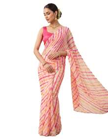 Estationeryhouse Chiffon Saree With Coloured Stripes With Unstitched Blouse - Hot Pink - View 3