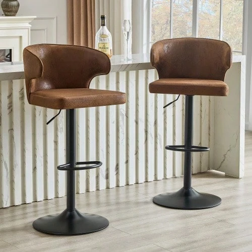 Set Of 2 Bar Stools With Backrest, Height Adjustable, 360° Swivel Bar Chair With Large Base & Footrest - 棕色 - 查看 1
