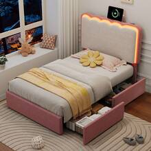 Flieks 3ft Single Upholstered Bed Frame With Adjustable LED Wavy Headboard, 2 Storage Drawers, Pink & Cream White - Pink - View 1
