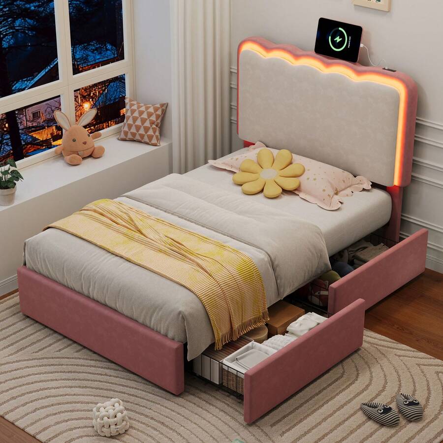 Flieks 3ft Single Upholstered Bed Frame With Adjustable LED Wavy Headboard, 2 Storage Drawers, Pink & Cream White - Pink - View 1