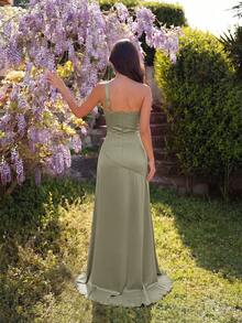Elisanya Elegant One-Shoulder High-Waist Asymmetrical Pleated Backless Floor-Length Party Dress, Suitable For Prom, Evening Party, Date, Wedding Guest, Formal Dinner - Mint Green - View 2