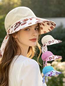 1pc Floral Ribbon Open Top Sun Hat For Women, Summer Hollow Wide Brim Sun Protection Hat, Ponytail Tie, Beach Vacation Sun Hat - Floral Print - View 1