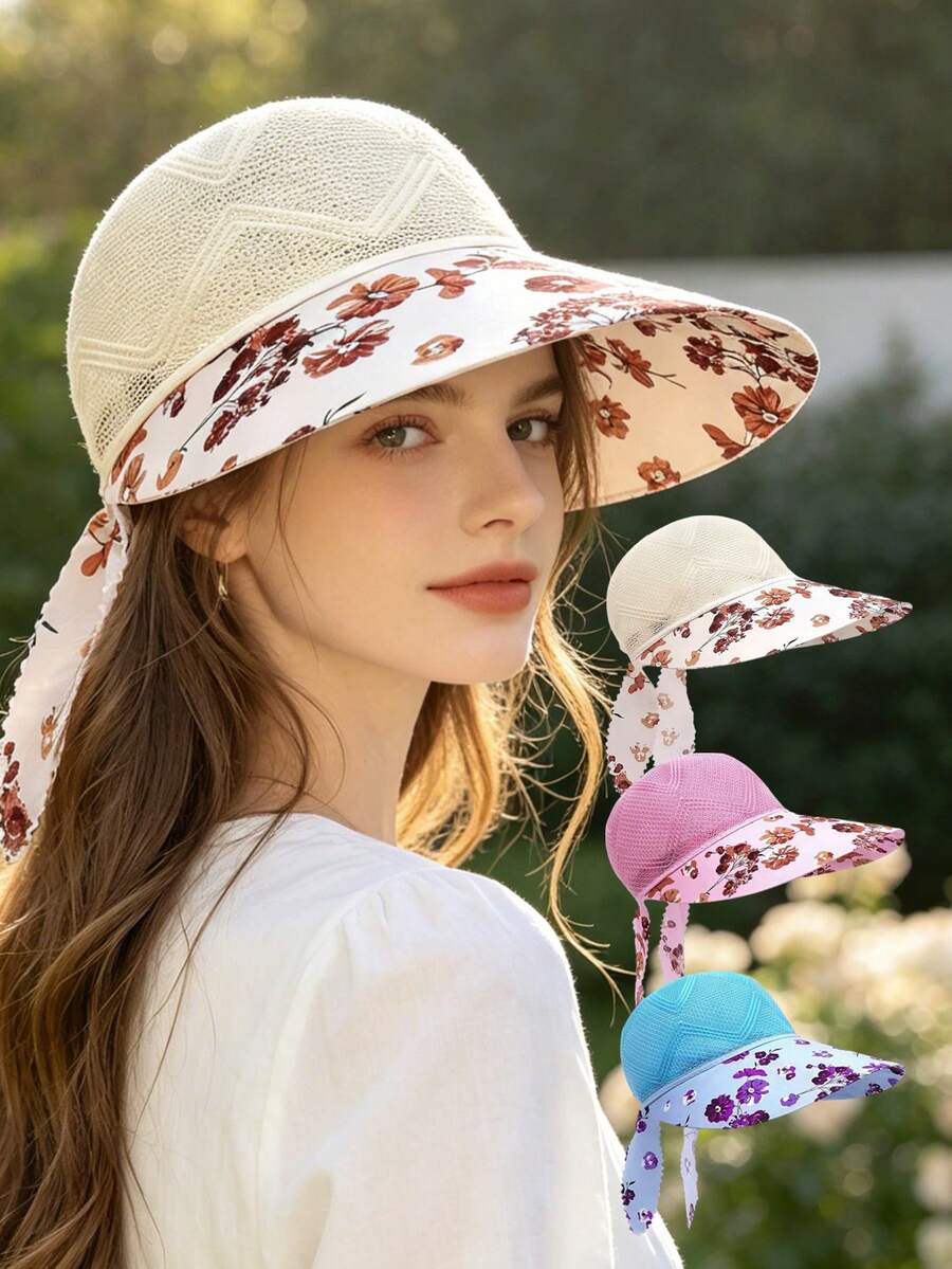 1pc Floral Ribbon Open Top Sun Hat For Women, Summer Hollow Wide Brim Sun Protection Hat, Ponytail Tie, Beach Vacation Sun Hat - Floral Print - View 1