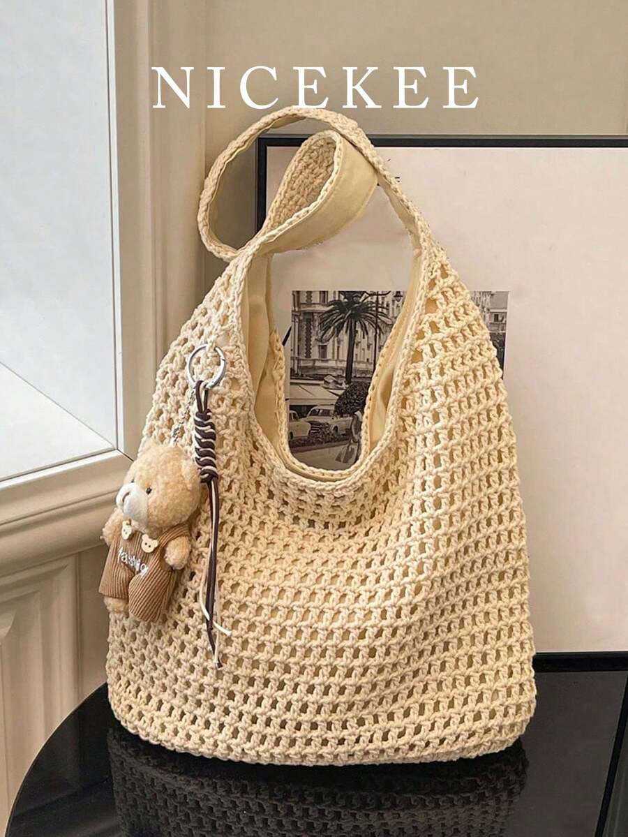 Fashionable Niche Design Hollow Woven Shoulder Bag, Multifunctional Leisure Vacation Style Armpit Bag, Simple Daily Cute Pendant Large Capacity Bag - Beige - View 1