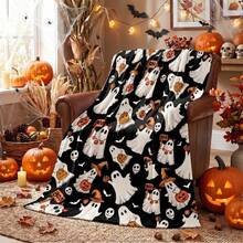 1 Stück Halloween schwarzer Hintergrund Hexenhut Geist Kürbis BOO Slogan Fledermaus Totenkopf Digitaldruck Flanelldecke - moderner Stil, Cartoon-Thema, ganzjährig bequem weiches Polyester-Strickgewebe, multifunktional, geeignet für Sofa, Bett, Reisen, Camping, Stuhl, Geschenkdecke - Schwarz - Übersicht 2