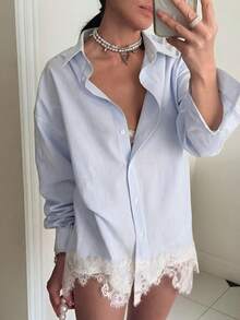 Women Ins Casual Striped Lace Trim Oversized Long Shirt, Blue-White Vertical Stripe Button Up Long Sleeve Collared Blouse Dress For Fall Going Out - Baby Blue - View 1