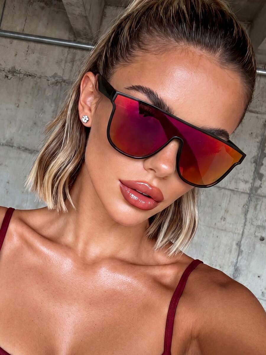 1 Pair Women's And Men's One-Piece Frame Colorful Red Cycling Sunglasses, Suitable For Daily Outdoor Sports, Y2K Music Festival, Summer Beach Vacation, Outdoor Travel, Music Festival, College Style, Back To School Season And Other Occasions - Red Mercury - View 1
