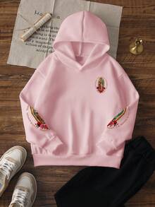 1pc Girls' Hooded Sweatshirt, Back Guadalupe Virgin Mary With Spanish Text And Rose Print, Double Sleeves With Matching Pattern, Vintage Exotic Style - Pink - View 4