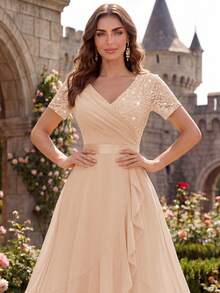 MIUSOL V-Neck Sequin Lace Patchwork Chiffon Ruffle Hem Elegant Ball Party Full Skirt, Suitable For Wedding Guests, Dinner Summer - Champagne - View 11
