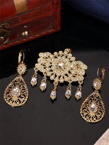 1 Set Arabic Style Women's Brooch & Earrings Jewelry Set With Rhinestones And Water Drop Pendant, Bridal Wedding Wear Jewelry Set - Multicolor - View 10