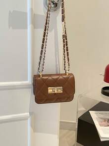 Mini Square New Women's Handbag, Diamond Quilted High-Quality Texture Shoulder Bag, Woven Chain Flap Small Bag, Red Cute Crossbody Bag, Accessory Bag - Coffee - View 7