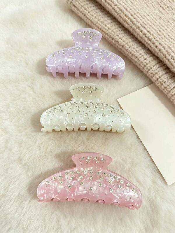 1pc Women's Iridescent Pearlescent Full Rhinestone Large Hair Claw Clip, Macaron Color Curved Hair Claw, Gentle Hair Clip For Back Of Head Updo, Vacation/Daily/Commute