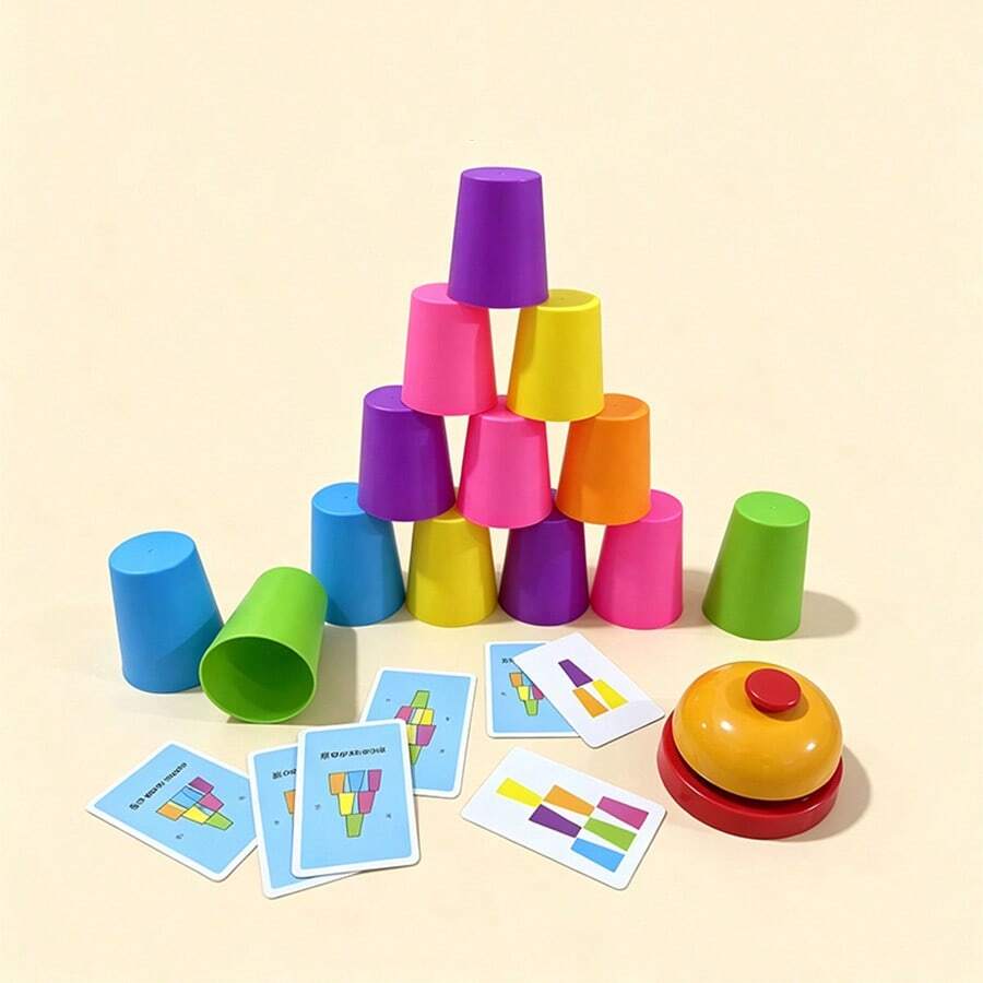 Juego de 5 Sets de Tazas Apilables Rápidas, Juguete Interactivo de Apilamiento de Tazas de Velocidad para Padres e Hijos con Tarjetas de Patrones & Campana, Juego de Mesa de Entrenamiento de Lógica Educativo para Fiesta Familiar