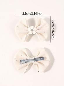 2件組米色燈芯絨女孩髮蝴蝶結 3D花朵水鑽裝飾緞帶鱷魚夾 柔軟優雅日常髮夾 青少年髮飾 - 米色 - 查看 6