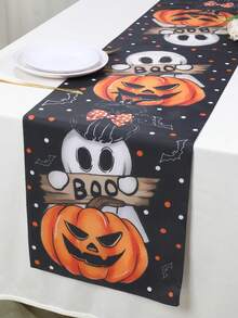 黑色萬聖節 BOO 幽靈南瓜桌旗，聚酯纖維秋季桌飾，適用於嬰兒洗禮派對 - 黑色 - 查看 5