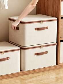 Fabric Storage Box, Foldable Cloth Box With Lid, Suitable For Clothes, Toys And Home Storage, Linen Material, Bedroom Storage Organizer - rice - View 3