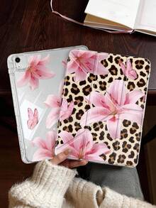 1pc Transparent Acrylic Y-Fold Pink Lily & Leopard Print Tablet Protective Case, Compatible With IPad Models, Double-Sided Painted Pattern Protective Shell, High-Transparency Acrylic Back Cover Anti-Bend Anti-Scratch Anti-Drop, 8-Fold Adjustable Stand, Foldable Tablet Case Protective Cover, Magnetic/Auto Sleep/Wake, Fun/Creative/Personalized, Built-In Pen Slot, Product Does Not Include Pen, Some Models Equipped With Camera Frame - Multicolor - View 5