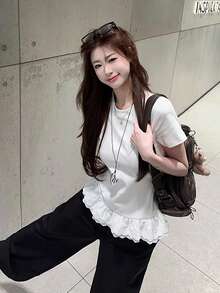 Women's Lace Patchwork Embroidered Trim Round Neck Short Sleeve T-Shirt, Summer Versatile Slimming Top - White - View 4