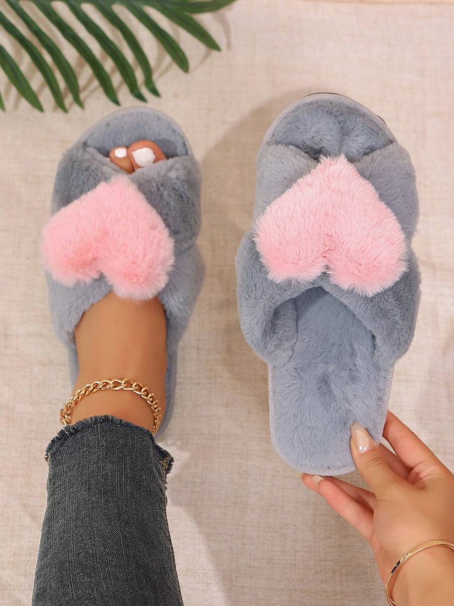Ins Soft Style Cross Strap Heart Slippers Sweet Indoor Warm Fuzzy Slides - Grey - View 1