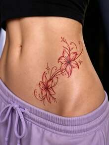 3 Sheets Red Watercolor Lily Floral Vine Temporary Tattoo Stickers, Waterproof Long Strip Fake Body Tattoos For Women Arm Leg Thigh Deco - Red - View 6