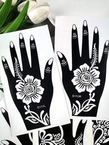 8件組 Mehndi 漢娜紋身模板套裝，傳統花卉圖案 Mehndi 模板，可重複使用手部紋身貼紙，適用於節日、海灘派對 DIY 裝飾 - 黑色 - 查看 9