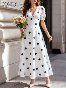 DONICY Damen Sommer Polka Dot Midi Kleid - Weißes V-Ausschnitt Puffärmel A-Linien Kleid, für Urlaub, Brunch & elegante Anlässe - Weiss - Übersicht 8