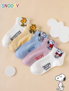 5 Pairs SNOOPY Authentic Women's Short Socks With Cartoon Dog And Letter Pattern - Multicolor - View 6