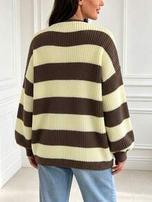 Women's Drop-Shoulder Long Sleeve Knit Sweater With Ribbed Cuffs,Color Contrast Stripes,Open Front,Front Pockets Casual Cardigan,Fall Winter Vacation - Multicolor - View 7