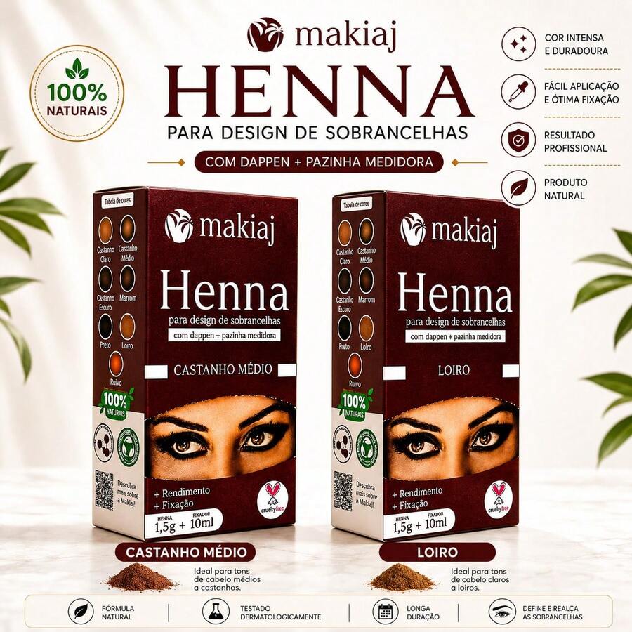 Henna para Sobrancelhas Makiaj 1,5g + Fixador 10ml + Pazinha | Cor Preto e Outras Cores - castanho medio e loiro - Visão 1