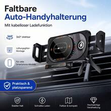 Faltbare Auto-Handyhalterung für Lüftungsschlitz, 360° Drehbar, mit Kabelloser Ladefunktion, Geeignet für Viele Smartphone-Modelle - Schwarz - Übersicht 1