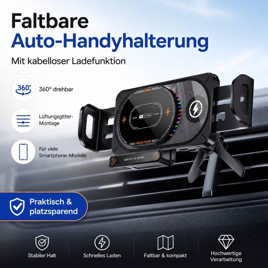 Faltbare Auto-Handyhalterung für Lüftungsschlitz, 360° Drehbar, mit Kabelloser Ladefunktion, Geeignet für Viele Smartphone-Modelle - Schwarz - Übersicht 1