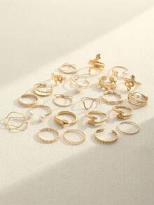 Juego de 23 piezas de anillos apilables vintage dorados, serpiente, perla falsa, ola, geométrico, cadena, anillos mixtos de varias capas para mujeres - Dorado - Ver 2