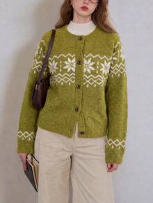 Alicedudu Women's Autumn/Winter Atmosphere Pattern Round Neck Wool Blend Cardigan Sweater - Green - View 5