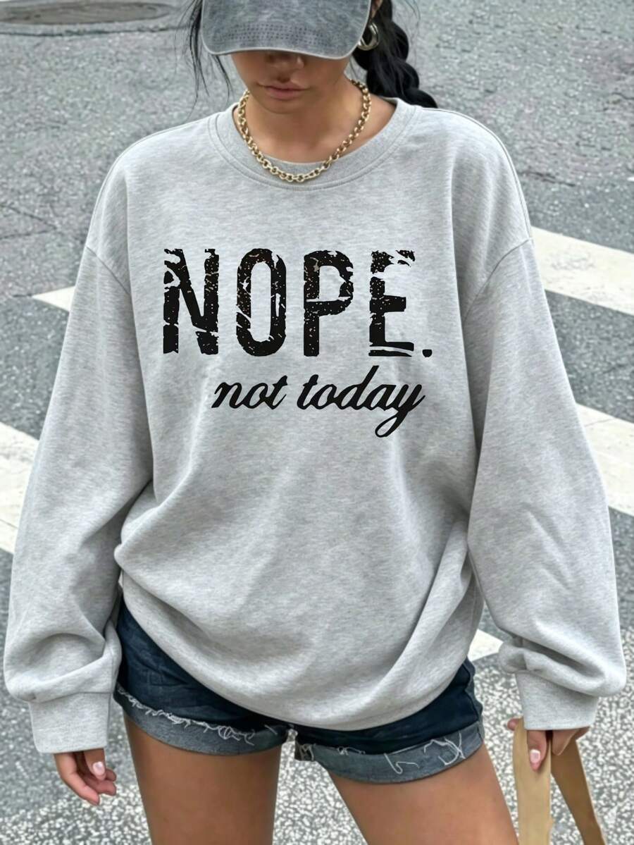 Women's Cotton Blend Lightweight Crewneck Sweatshirt Nope Not Today Graphic All Seasons Casual Back To School Family Holiday Daily Wear - Grey - View 1