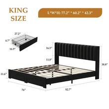 Beaully Queen/Full/King Size Velvet Upholstered Platform Bed Frame With Wingback Headboard & 2 Underbed Storage Drawers, Wooden Slat Support, No Box Spring Required, Easy Assembly Bedroom Bed Base - King Black - View 2