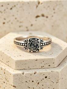 Anello quadrato in argento puro annerito, con un design retrò e unico, un regalo perfetto per le signore per appuntamenti, feste o San Valentino - argento antico - Visualizzare 7
