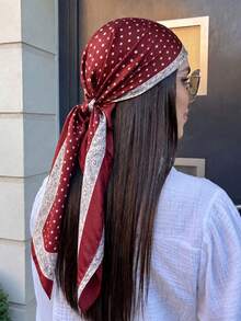 1件女款優雅波點緞面方巾，法式絲巾，輕盈透氣，適合多種場合 - 酒紅色 - 查看 6
