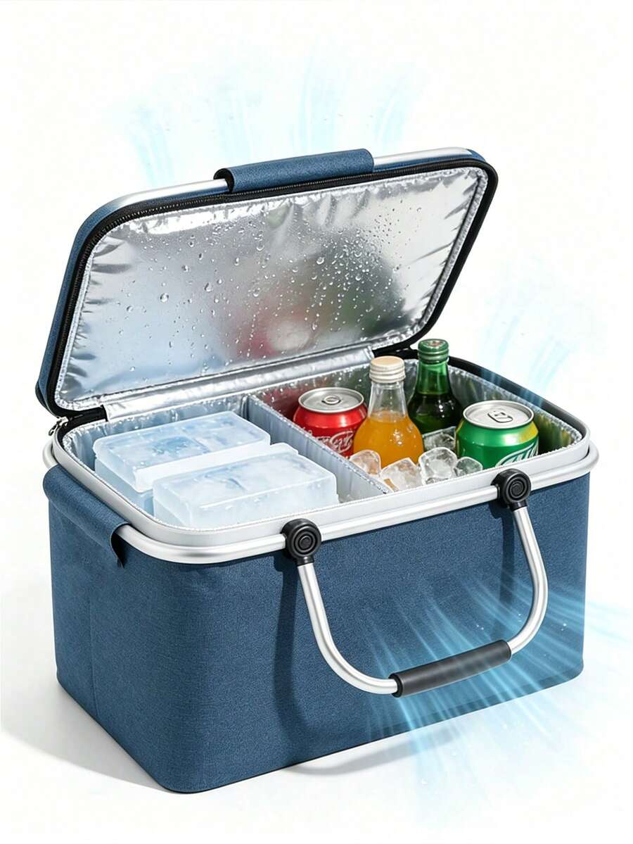 1個可折疊保溫野餐籃，加厚鋁合金框架，PEVA箔內襯與牛津布料，防水防漏，保冷大容量，承重堅固，便攜雙拉鍊，易於清潔，適合露營、旅行、購物及日常居家使用 - A - 查看 1