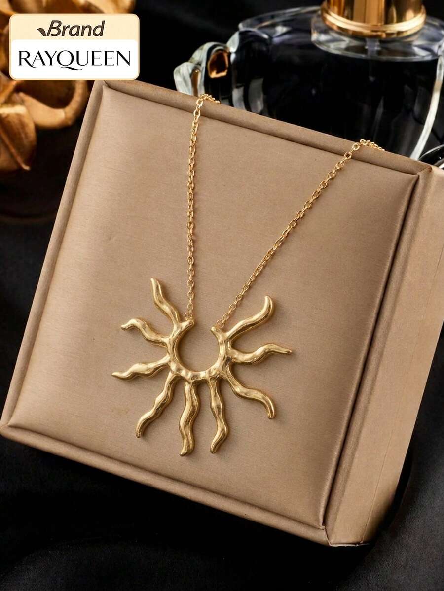 RAYQUEEN 1pc Stainless Steel Exaggerated Hip Hop Personalized Fashion Sunflower Pendant Necklace For Women, Suitable For Gift And Daily Wear - Gold - View 1