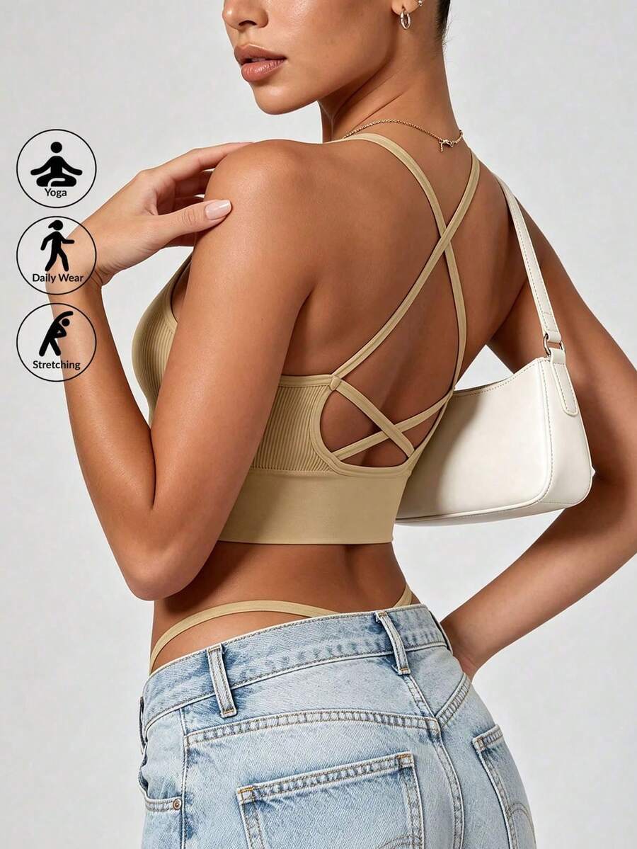 Runway Rest 1件装无钢圈高弹无缝运动文胸，中等支撑，交叉肩带设计，透气舒适瑜伽文胸