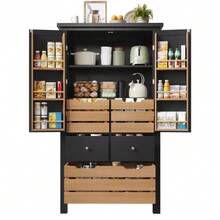 Kitchen Cabinet (80 X 40 X 140 Cm), Tall Sideboard, Multifunctional Sideboard, Storage Unit With Two Doors And Five Drawers, Black And White - 黑色 - 查看 1